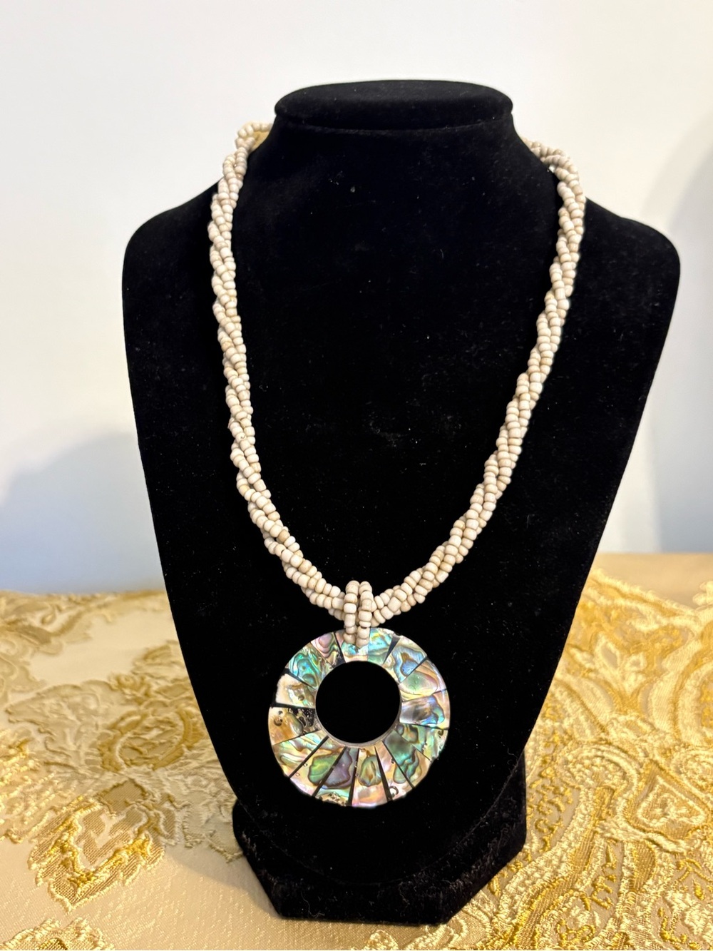 Vintage Handmade Abalone Pendant Necklace with Cream Seed Bead Strand